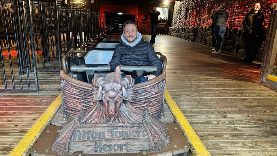 Sean Evans on a ride at Alton Towers Resort in Staffordshire, England