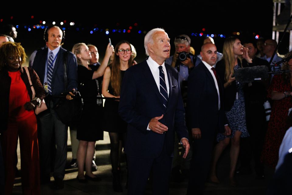 President Joe Biden speaks to the press at Andrews Air Force Base, Maryland