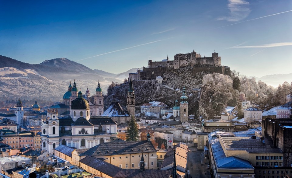 an aerial view of a city with a castle in the background