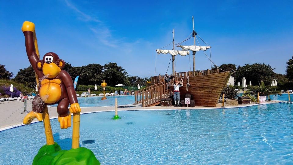 The holiday park has a huge outdoor pool with a boardable pirate ship