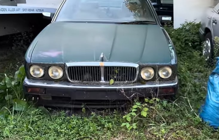 a green car is parked in a grassy area with a sign behind it that says spot repair autohaus