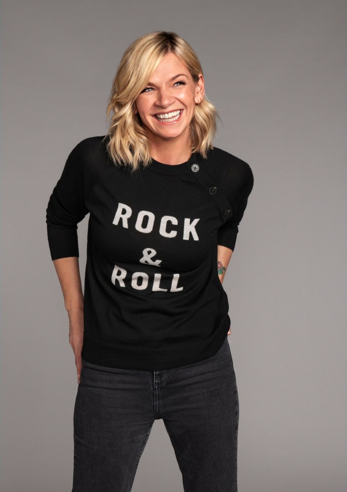 a woman wearing a black shirt that says rock & roll