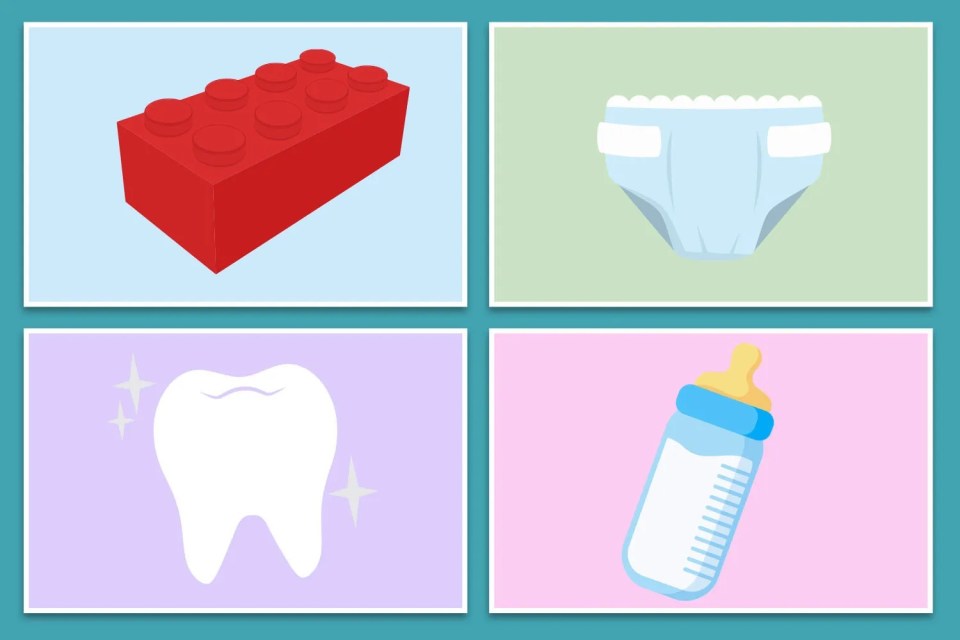 a lego block a tooth a diaper and a baby bottle