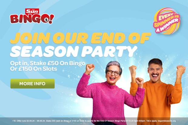 an advertisement for sun bingo shows two people celebrating