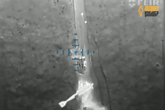 A projectile can be seen falling down on the Russian tanker