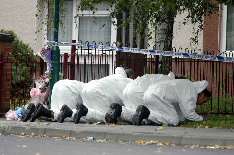 Crime scene investigators combing the scene after Danielle Beccan, 14, was caught in gangland crossfire