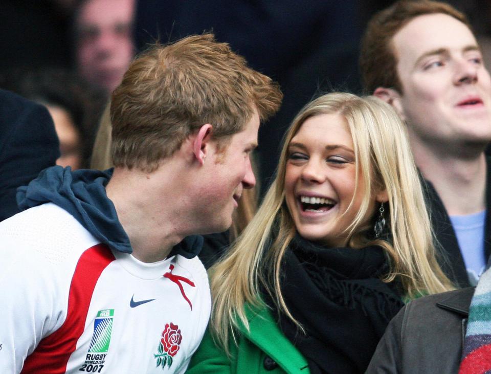 Harry Chelsy Davy share a laugh at the rugby match between South Africa and England in 2008