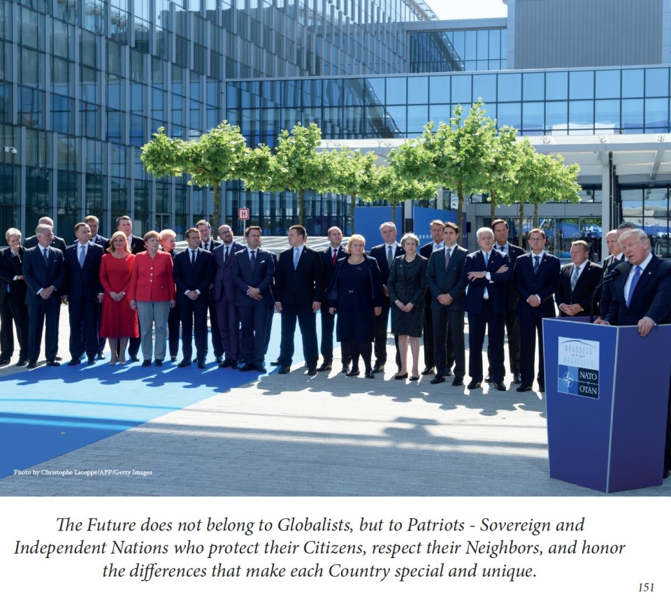 a group of people standing in front of a podium that says " the future does not belong to globalists but to patriots "