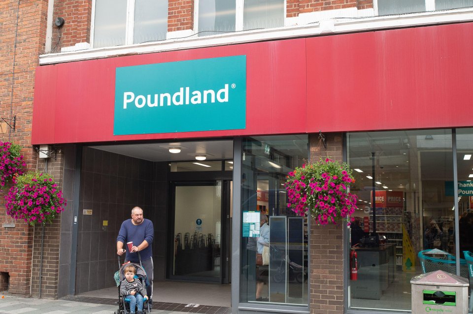 a man pushes a child in a stroller into a poundland store