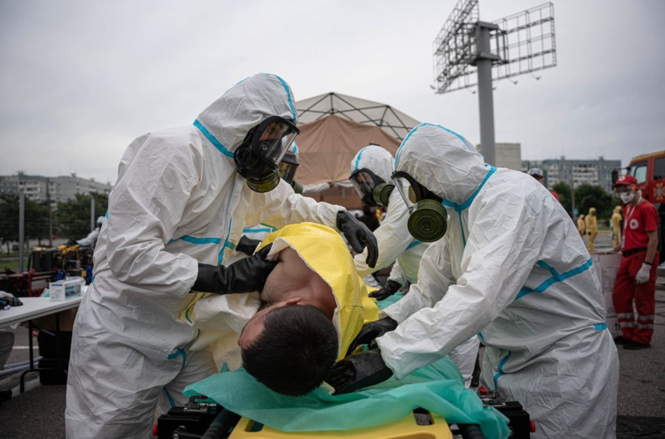 Emergency workers staged training for a nuclear accident at Zaporizhzhia last year