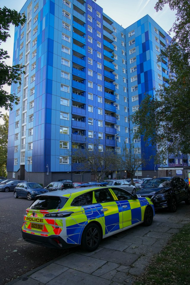 Police officers outside the flat block