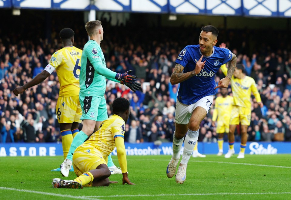 a soccer player in a blue everton jersey celebrates his goal