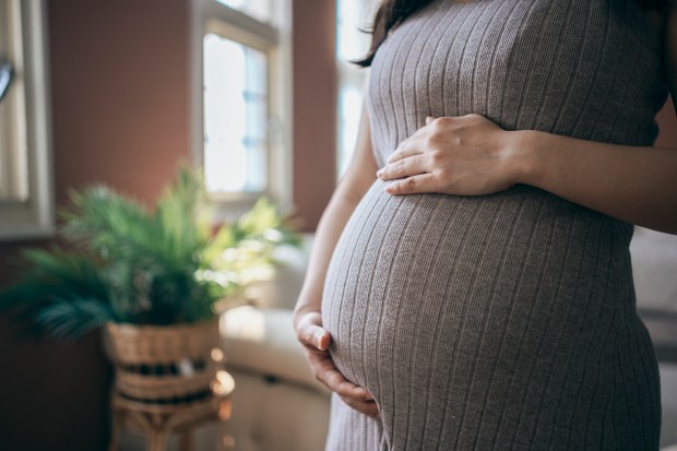 Close-up view of a pregnant woman holding her belly. Pregnancy and maternity concept.