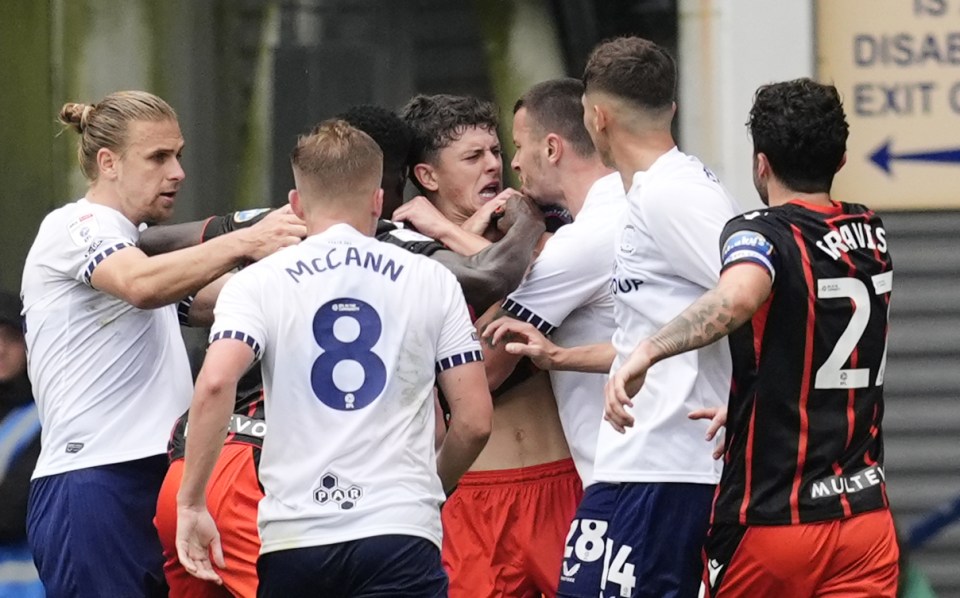 A fierce brawl then kicked off in the Lancashire derby