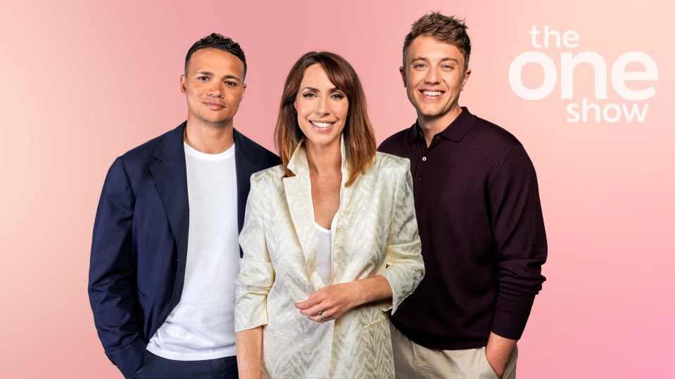 three people standing next to each other in front of a pink background that says the one show