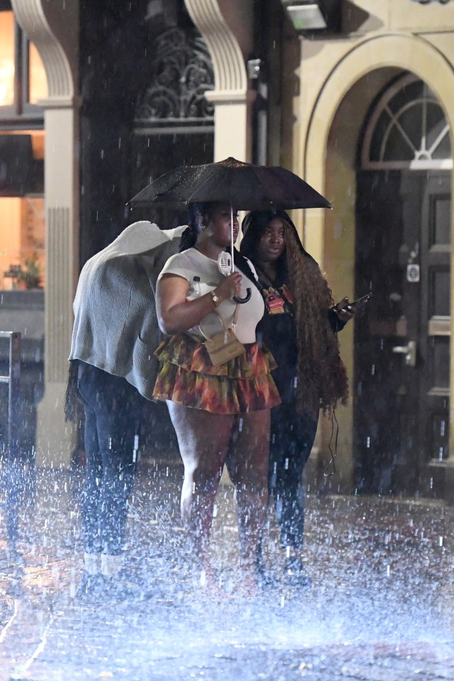 a woman holding an umbrella is walking in the rain