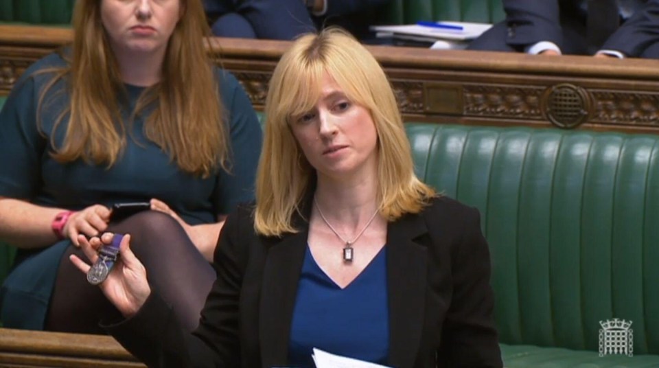 a woman in a blue top is sitting in a parliament chamber