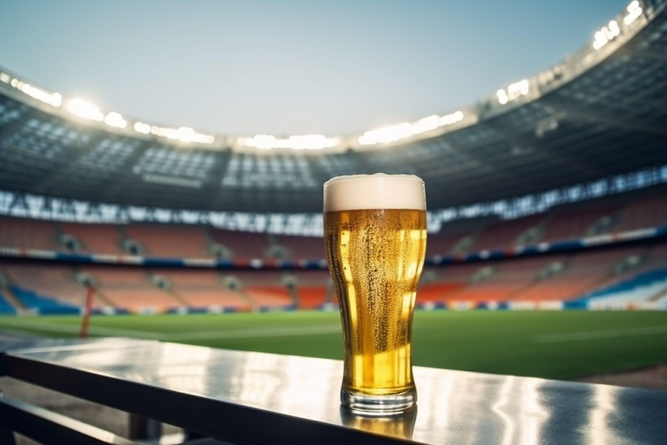 a glass of beer sits on a table in front of a stadium