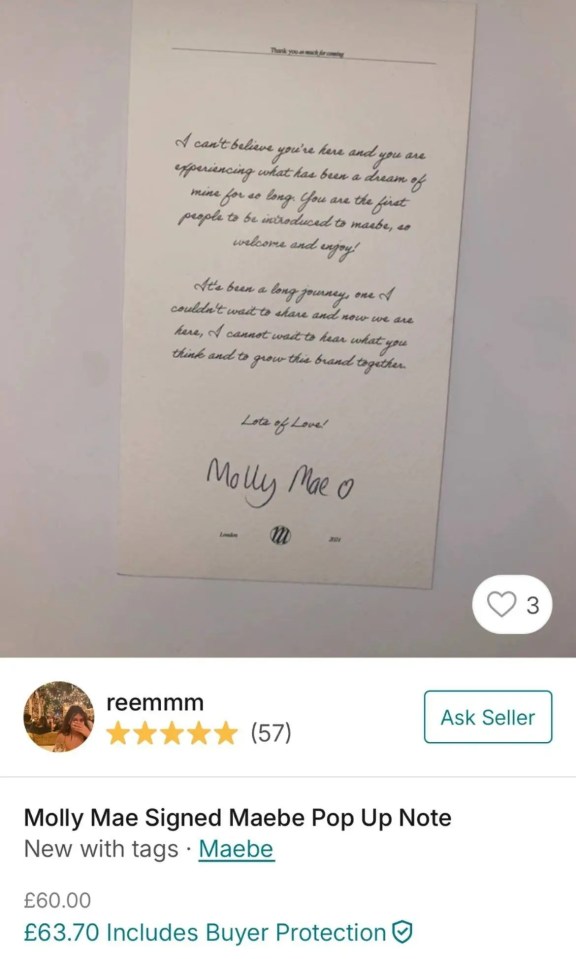 a screenshot of molly mae signed maebe pop up note