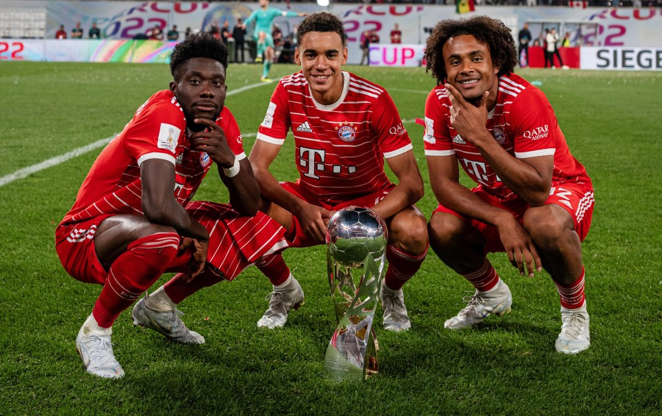 Jamal Musiala, centre, and Joshua Zirkzee, right, were team-mates at Bayern Munich