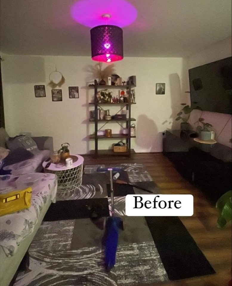 a living room with a purple light hanging from the ceiling and a sign that says before