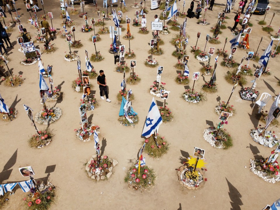 a man stands in the middle of a cemetery with flowers and flags