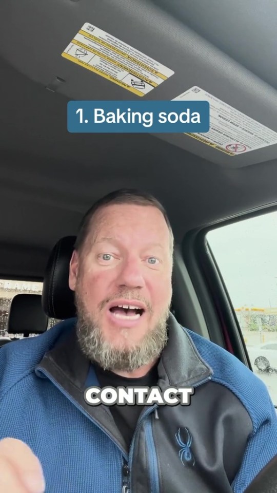 a man in a car talking about baking soda and contact