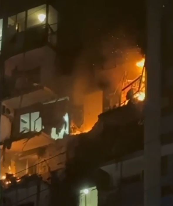 Footage showed the fire at one apartment building ripping through its walls