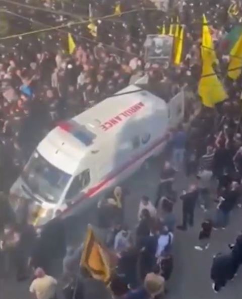 An ambulance at the funeral in southern Lebanon on Wednesday