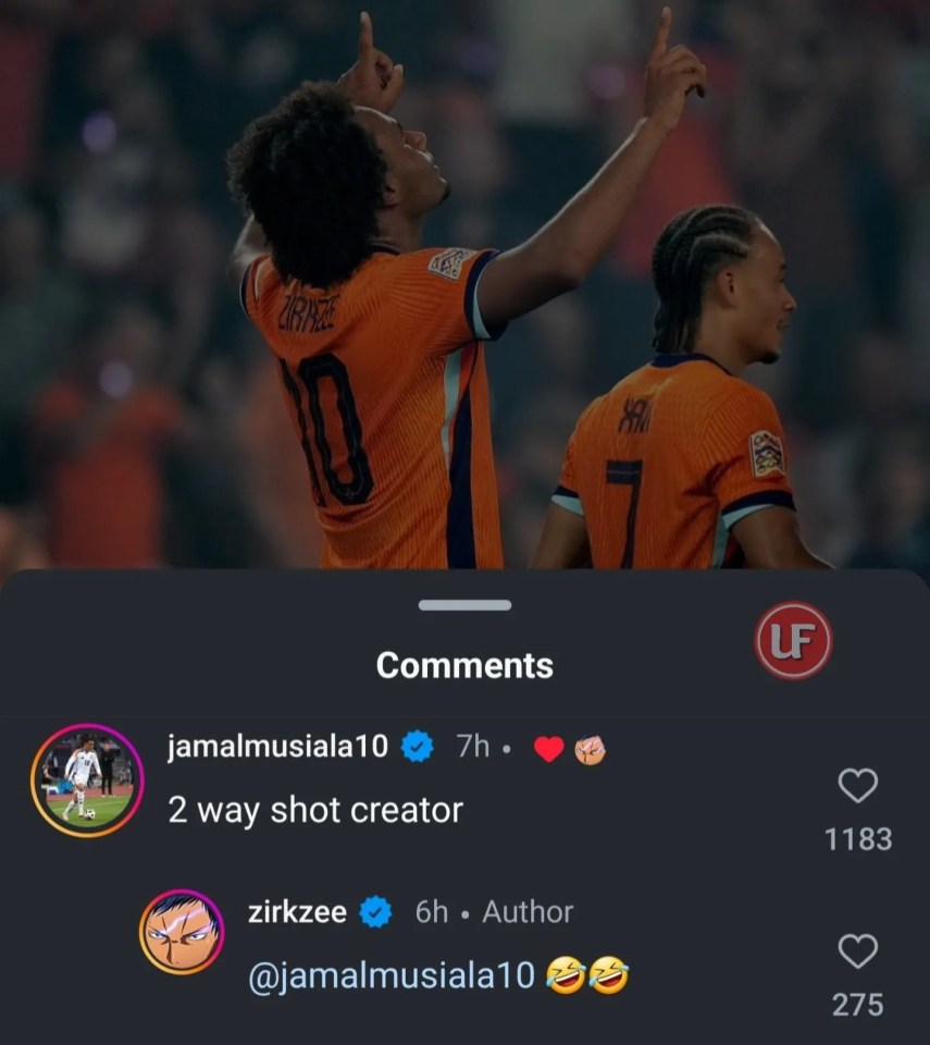 Musiala joked with Zirkzee about his goal on Instagram on Saturday night