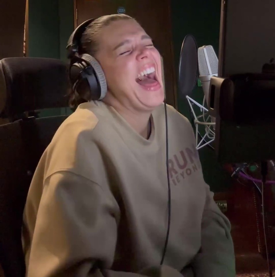 a woman wearing headphones is laughing in front of a microphone with the caption " this book will make you laugh "