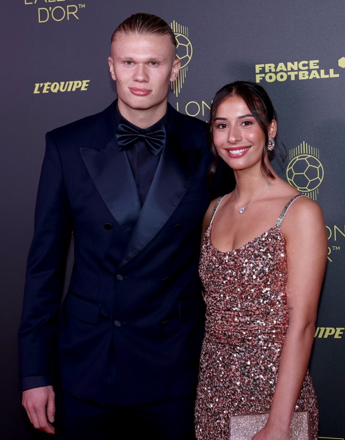 Erling Haaland and Isabel Haugseng Johansen pose at Ballon d'Or 2023 ceremony