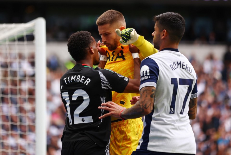 Spurs keeper Guglielmo Vicario reacted negatively to Timber's foul