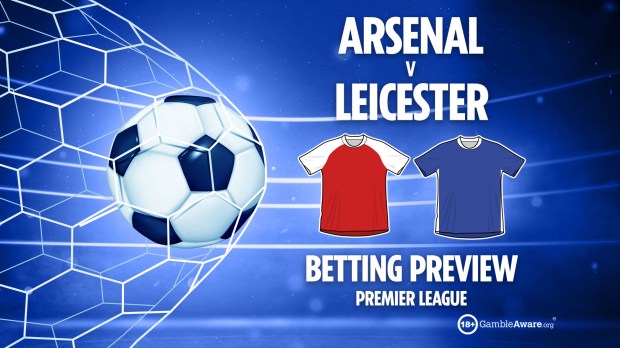 a poster for arsenal v leicester shows a soccer ball and jerseys