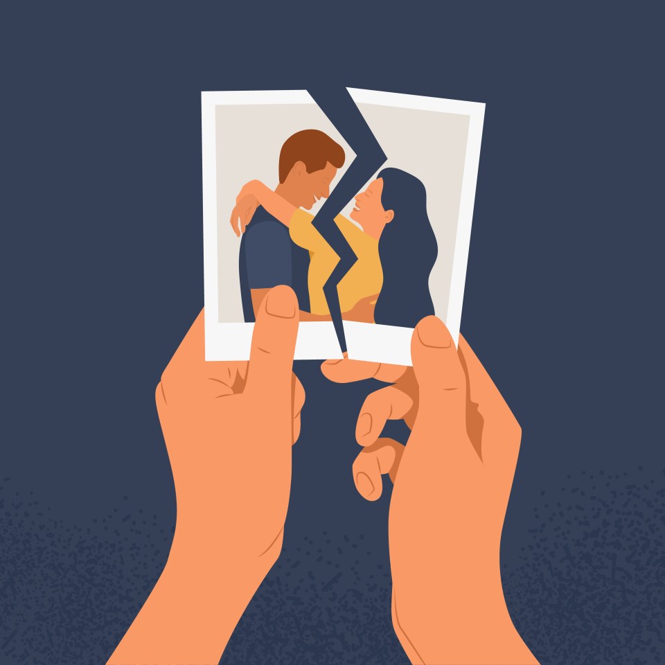 Hands holding a torn photo of a couple in love. The concept of divorce, separation and broken heart or reconciliation. Flat vector illustration of a relationship crisis on a blue background.