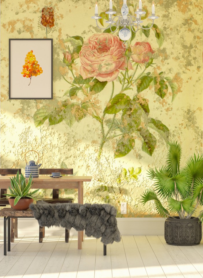 a dining room with a picture of flowers on the wall