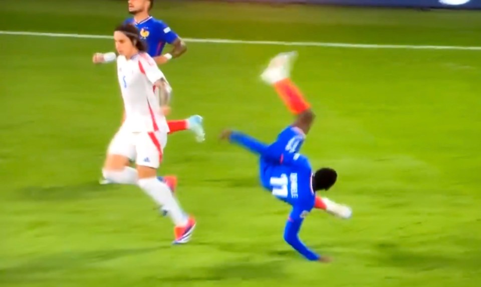 France's Ousmane Dembele went flying after a clash with Italy's Alessandro Bastoni