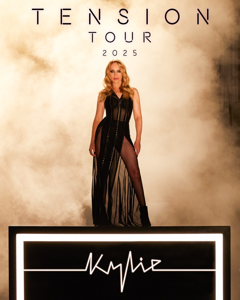 a poster for tension tour 2025 with a woman in a black dress