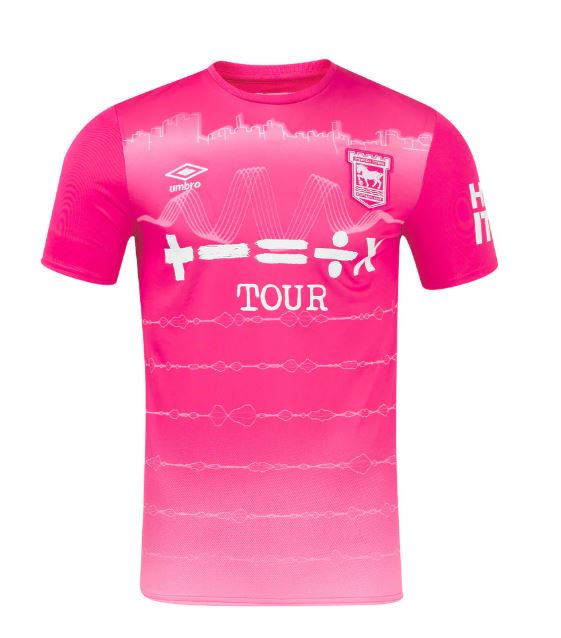 Ipswich Town’s pink and white third kit is sponsored by Ed Sheeran's world tour