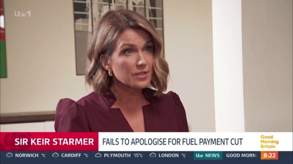 a woman is on a tv screen with the words sir keir starmer fails to apologise for fuel payment cut