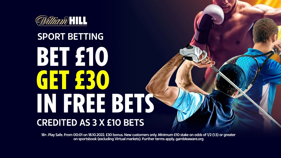 an advertisement for william hill sports betting that says bet £ 10 get £ 30 in free bets