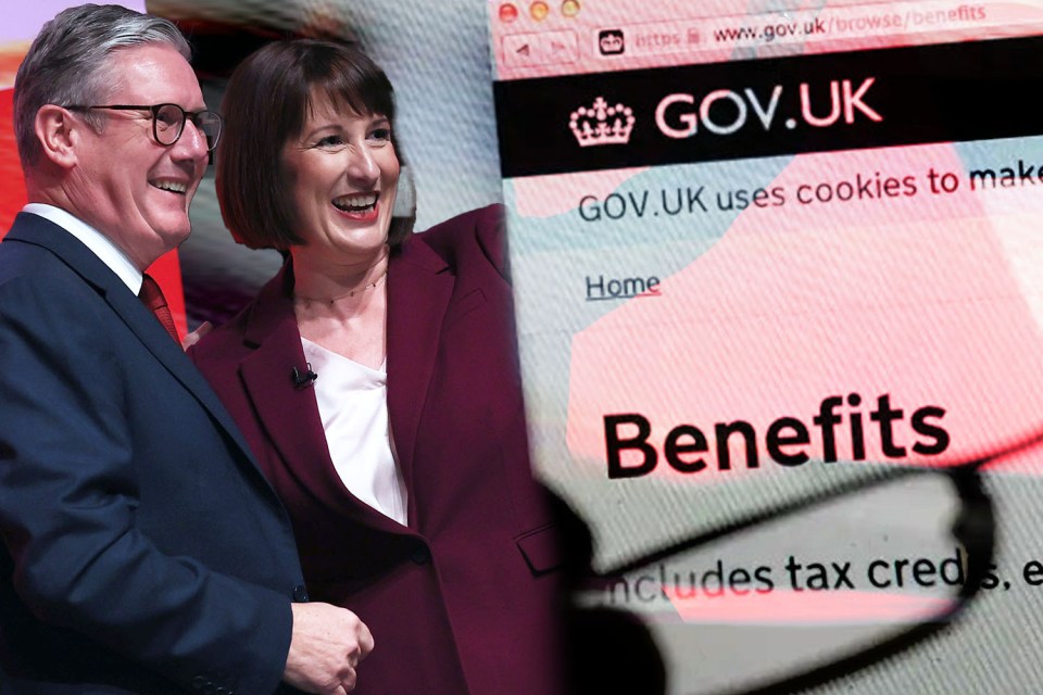 a man and woman standing next to a screen that says gov.uk