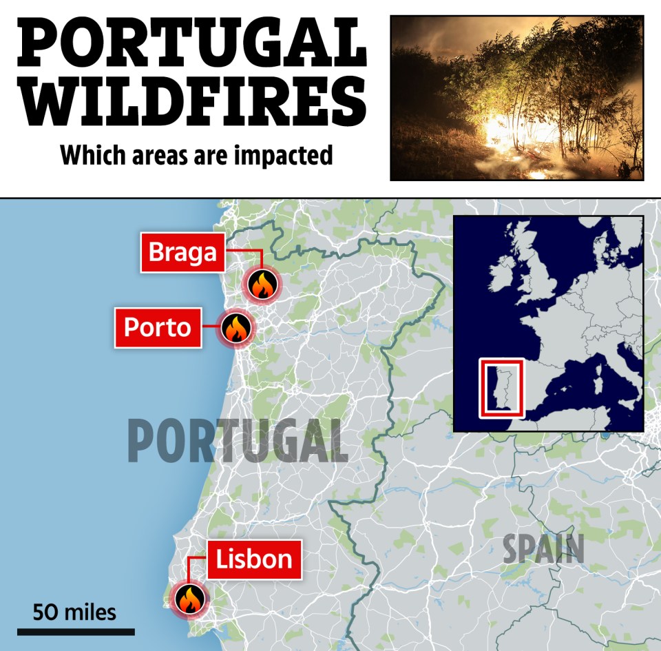 a map showing which areas are impacted by portugal wildfires