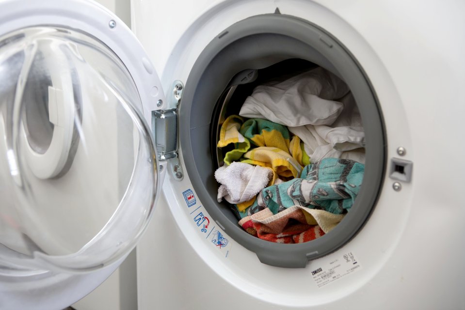 Clothes in a washing machine.