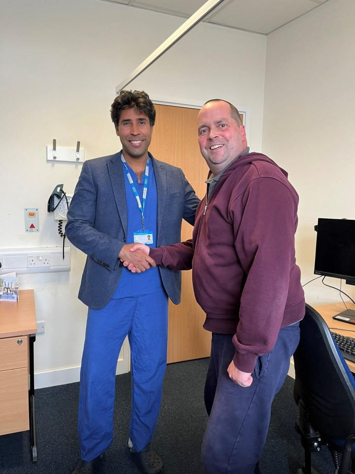 Adam Chapman with Neurosurgeon Dr Soumya Mukherjee. August 2024. Photo released September 2024. A father from Worcestershire with an incurable brain tumour is calling for more government funding into research into the disease.Forty-three-year-old Adam Chapman, from Worcester, was running his own business, training in the gym up to five days a week, and competing in 10k assault course races before his glioblastoma (GBM) diagnosis. Adam first started suffering from headaches six months after his wedding day in December 2022 and was rushed to hospital in February the following year..