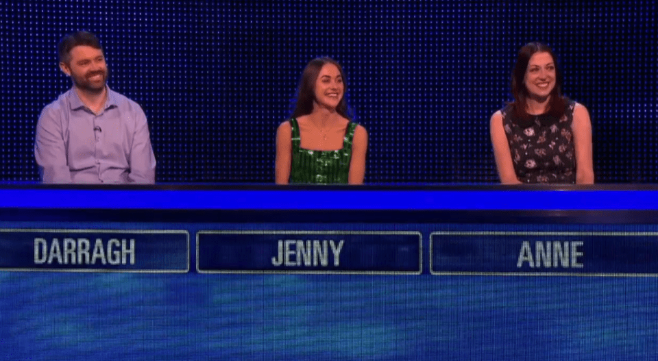 three people sitting at a table with the names darragh jenny and anne