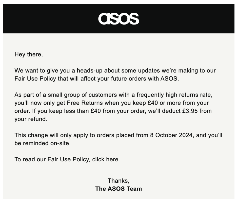 An email sent to an Asos customer informing them of the change