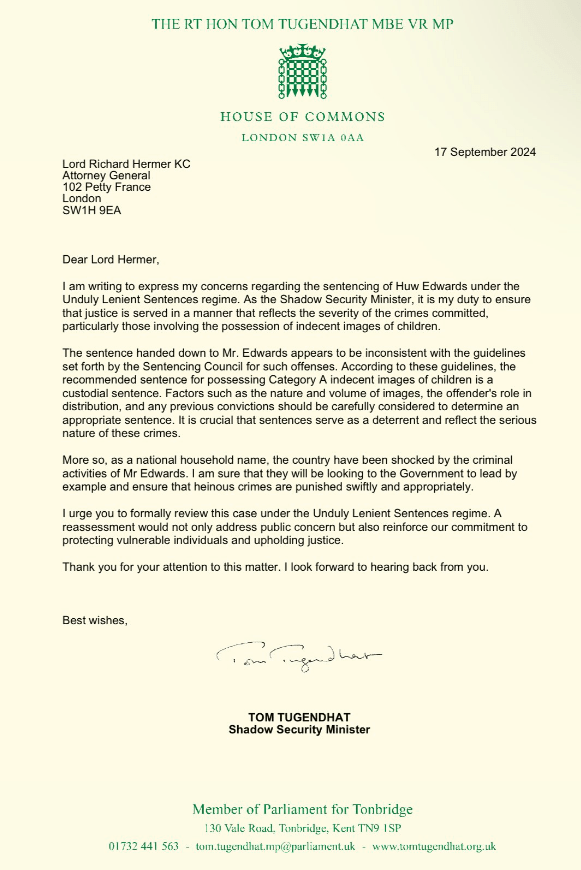 Mr Tugendhat's letter to Attorney General Richard Hermer KC