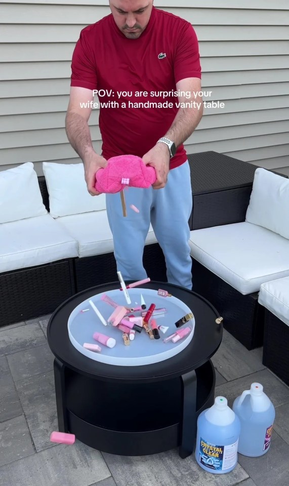 A TikTok user showed his followers how he used his wife's makeup products to create a DIY vanity table