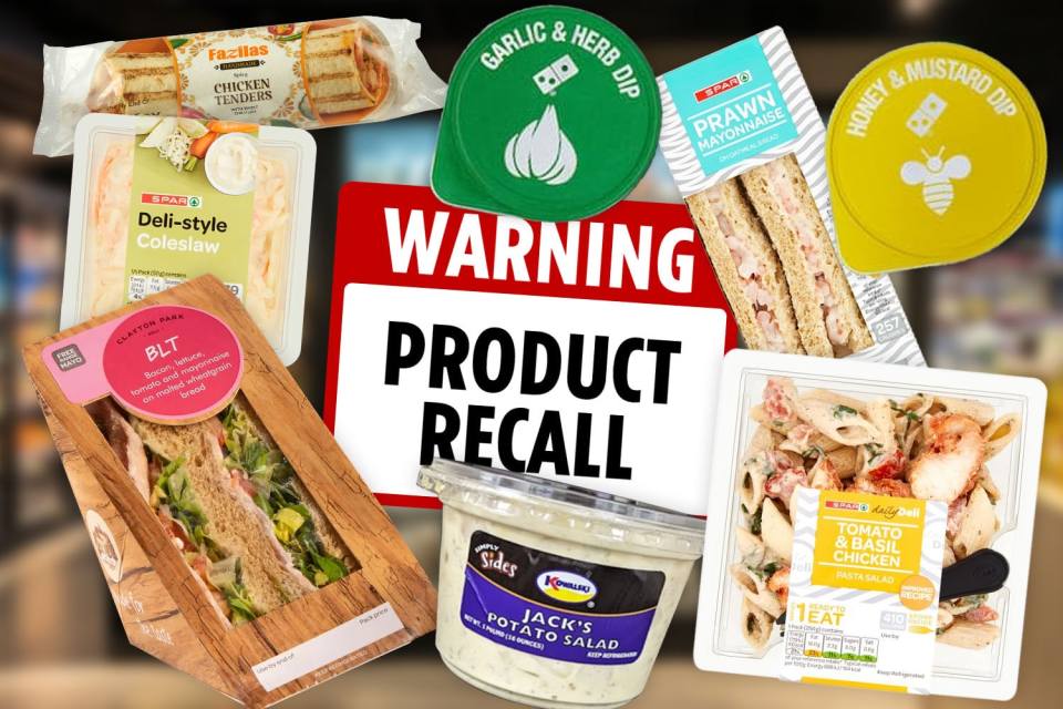 a collage of food items with a sign that says warning product recall